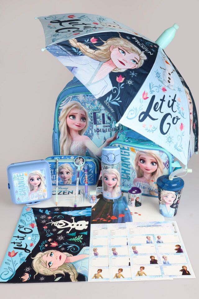 DEKOMUS LİSANSLI ELSA FROZEN Snow Crystal Collection KILIFLI ŞEMSİYE İLE OKUL ,BESLENME VE KALEM ÇANTASI,MATARA,BESLENME KABI İLE FULL OKUL/KIRTASİYE SETİ