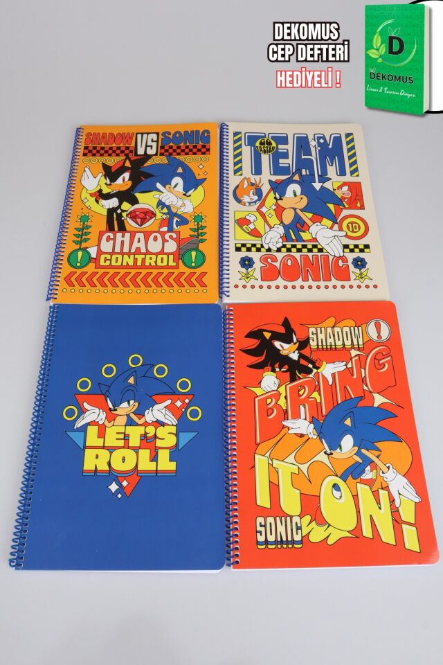 x Dekomus ''Speed Force Collection'' Sonic A4 Spiralli 2 Adet Kareli Defter,2 Adet Çizgili Defter 80 Yaprak