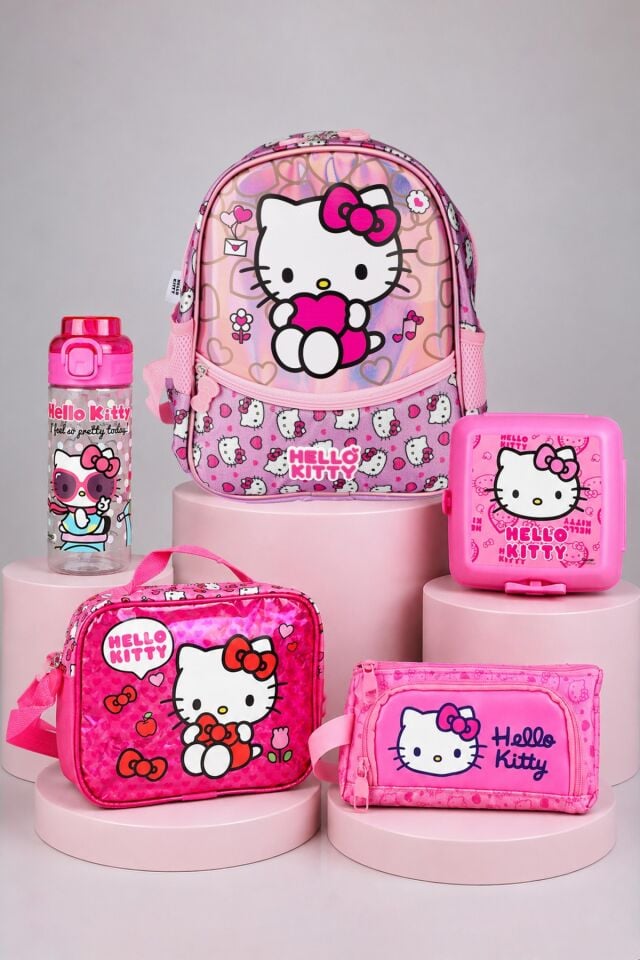 x Dekomus Lisanslı Hello Kitty Tek Bölmeli Küçük Boy Anaokul,Kalem ve Beslenme Çantası,Beslenme Kabı,Matara Seti