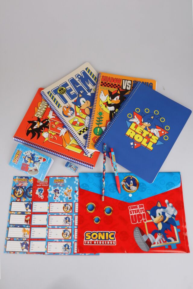 x Dekomus ''Speed Force Collection'' Lisanslı Sonic Premıum Kırtasiye Seti 4 adet A4 defter,Okul Etiketi,Dosya