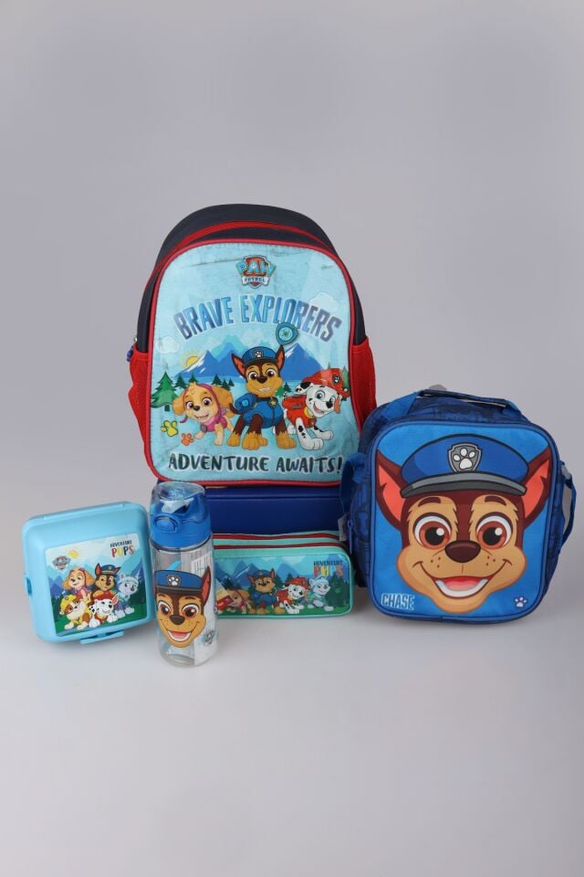 DEKOMUS İLE YENİ SEZON LİSANSLI PAW PATROL 32 CM TEK BÖLMELİ KÜÇÜK BOY ANAOKUL,TERMOSLU BESLENME VE KALEM ÇANTASI İLE BESLENME KABI VE 500 ML MATARA SETİ