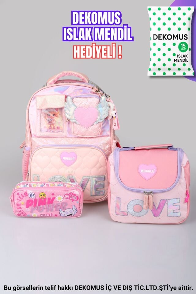 ''DEKOMUS ISLAK MENDİL HEDİYELİ''  ''LOVE KOLEKSİYONU'' BÜYÜK BOY OKUL ÇANTASI,TERMOSLU BESLENME ÇANTASI VE KALEM ÇANTASI