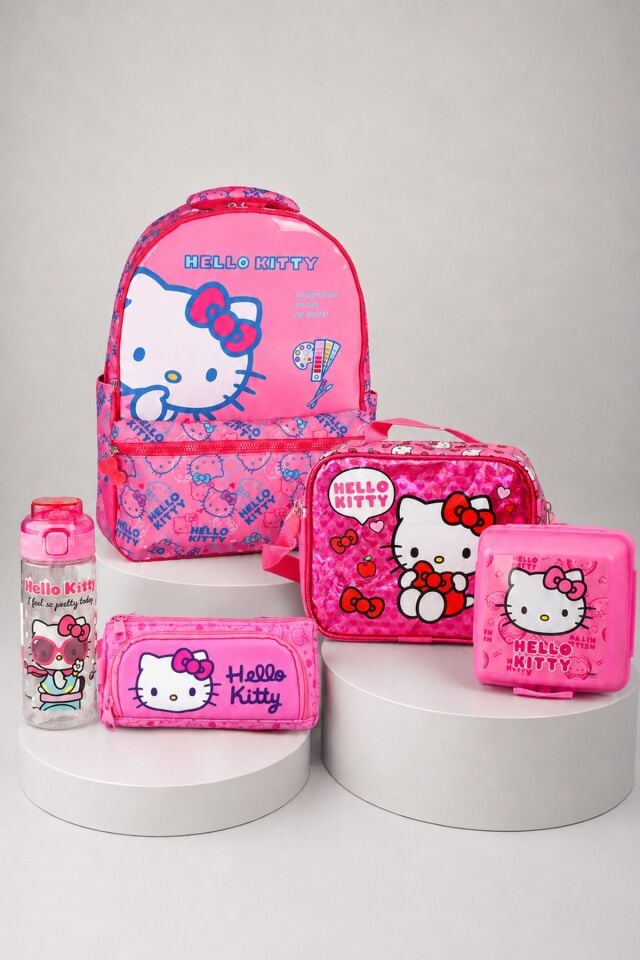 x Dekomus Hello Kitty Lisanslı İlkokul,Beslenme,Kalem Çantası,Matara Ve Beslenme Kabı Seti