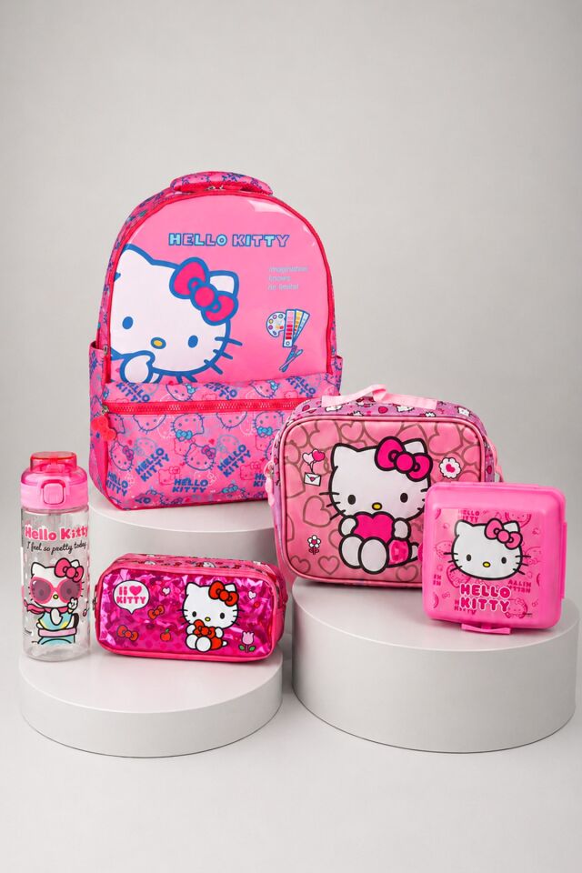 x Dekomus Hello Kitty Lisanslı İlkokul,Beslenme,Kalem Çantası,Matara Ve Beslenme Kabı Seti