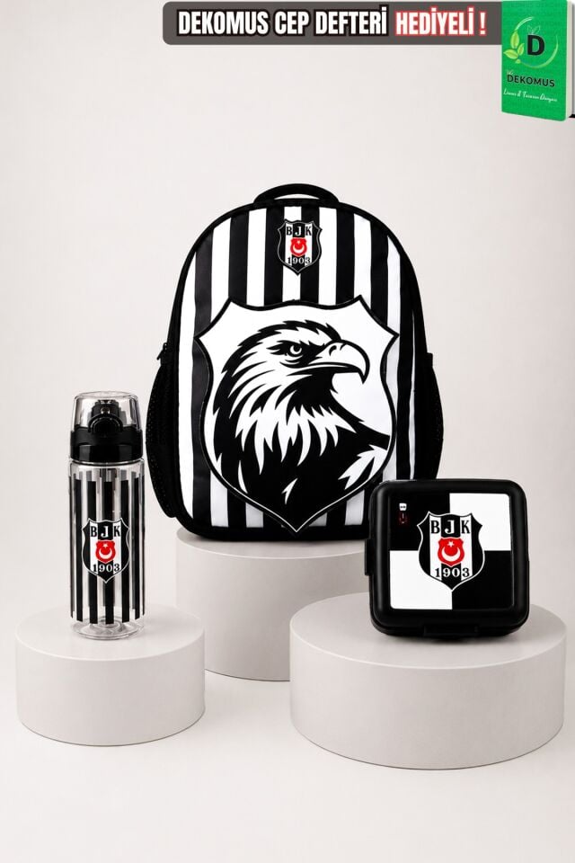 x Dekomus Lisanslı Beşiktaş Özel Tasarım 3D Kartal Küçük Boy Anaokul Çantası,Matara Ve Beslenme Kabı Seti