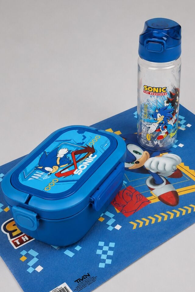 x Dekomus Lisanslı Sonic 3 Bölmeli Beslenme Kabı / Lunch Box,Matara ve Beslenme Örtüsü Seti