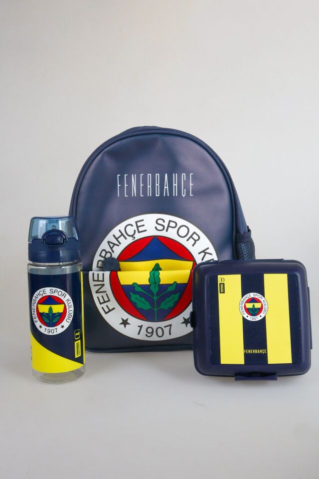 DEKOMUS İLE LİSANSLI FENERBAHÇE 32 CM ÇİFT BÖLMELİ ANAOKUL ÇANTASI,500 ML TRITAN MATARA VE BESLENME KABI SETİ 1907