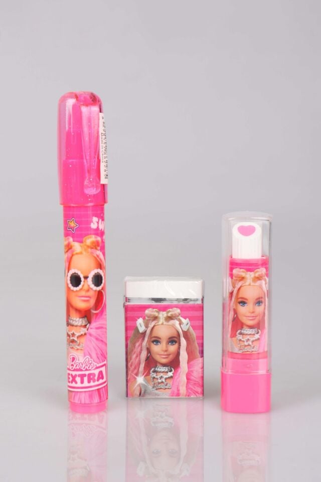 DEKOMUS İLE LİSANSLI BARBIE 3'LÜ SİLGİ SETİ RUJ SİLGİ,ROKET SİLGİ VE KARE SİLGİ
