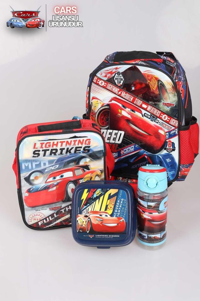 LİSANSLI CARS ANAOKULU VE BESLENME ÇANTASI,500 ML TRITAN MATARA VE 2 KATLI BESLENME KABI SETİ