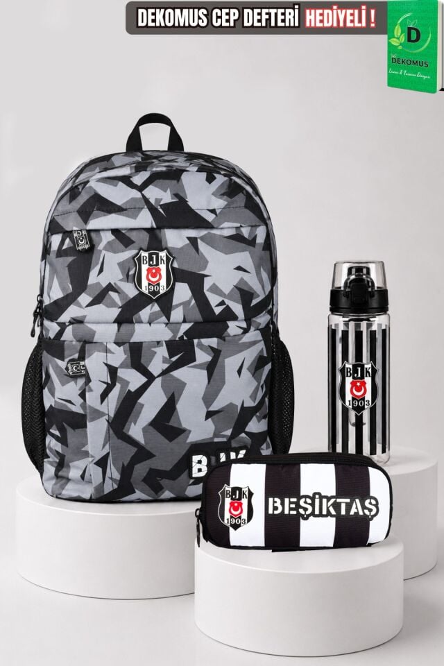 x Dekomus Lisanslı Beşiktaş Kamuflaj Büyük Boy Lise Okul Çantası,Kalem Çantası Ve Matara Seti