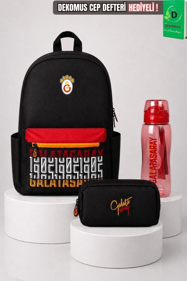 x Dekomus Lisanslı Galatasaray 3D Baskılı Büyük Boy Lise Çantası,Kalem Çantası Ve 700 Ml Matara Seti