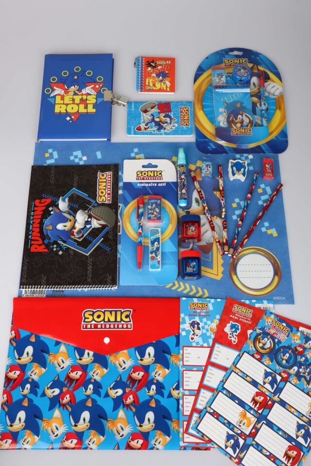 x Dekomus Lisanslı Sonic 26 Parça Kırtasiye Seti,Uçlu Kalem,Resim Defteri,Bloknot,Silgi,Uç,Cep Defteri Seti