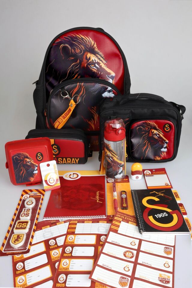 DEKOMUS İLE LİSANSLI GALATASARAY FULL KIRTASİYE SETİ KÜÇÜK BOY 32 CM ANAOKUL ÇANTASI,500 ML MATARA VE BESLENME KABI SETİ