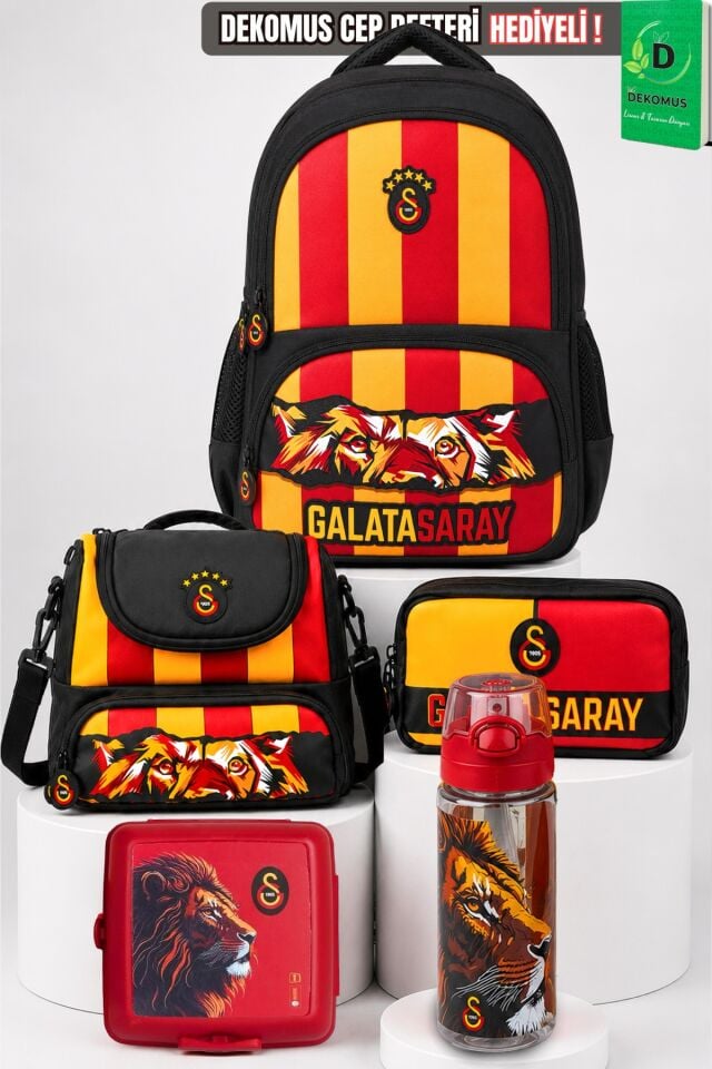 x Dekomus Lisanslı Galatasaray Leon Çubuklu Büyük Boy Okul,Beslenme Ve Kalem Çantası,Matara,Beslenme Kabı Seti