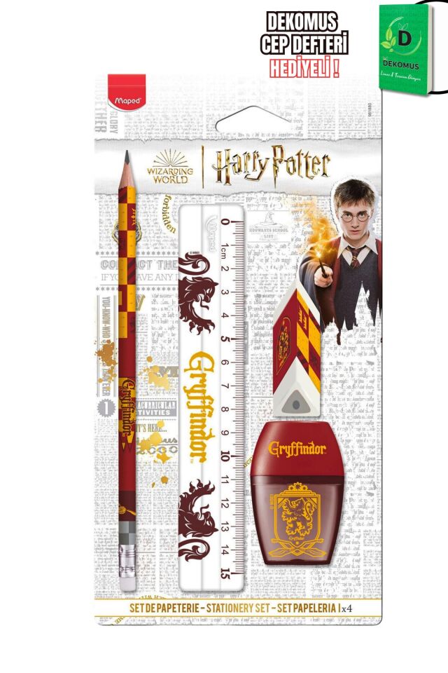 Maped x Dekomus Lisanslı Harry Potter Gryffindor Wizard 4'lü Kırtasiye Seti Kurşun Kalem, Cetvel, Silgi Ve Kalemtraş, ''Dekomus Cep Defteri Hediyeli''