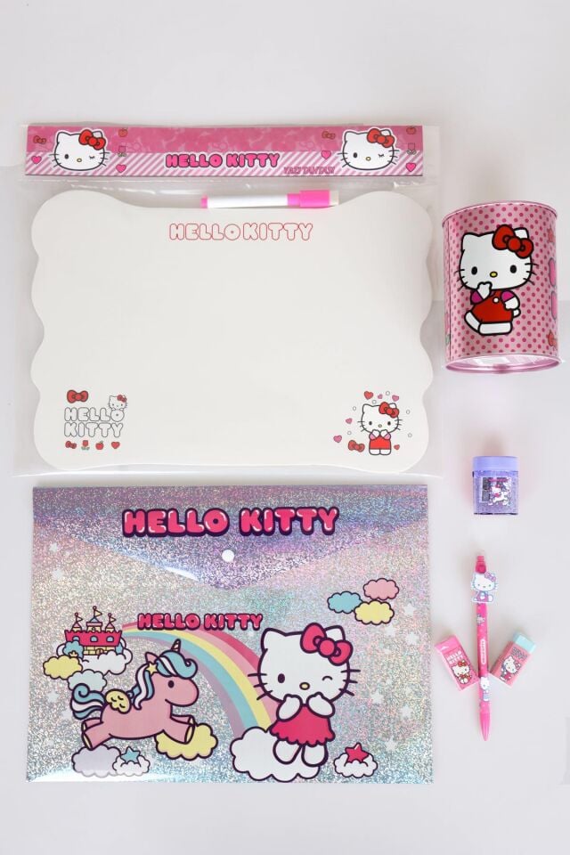 LİSANSLI HELLO KITTY 7 PARÇA KIRTASİYE SETİ METAL KALEMLİK,YAZI TAHTASI,ÇITÇIT DOSYA,2 ADET SİLGİ,KALEMTRAŞ VE UÇLU KALEM SETİ 