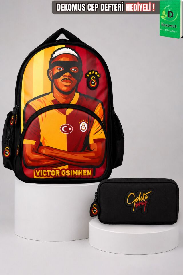 x Dekomus Lisanslı Galatasaray Özel Tasarım Victor Osimhen Büyük Boy Okul Ve Kalem Çantası Seti