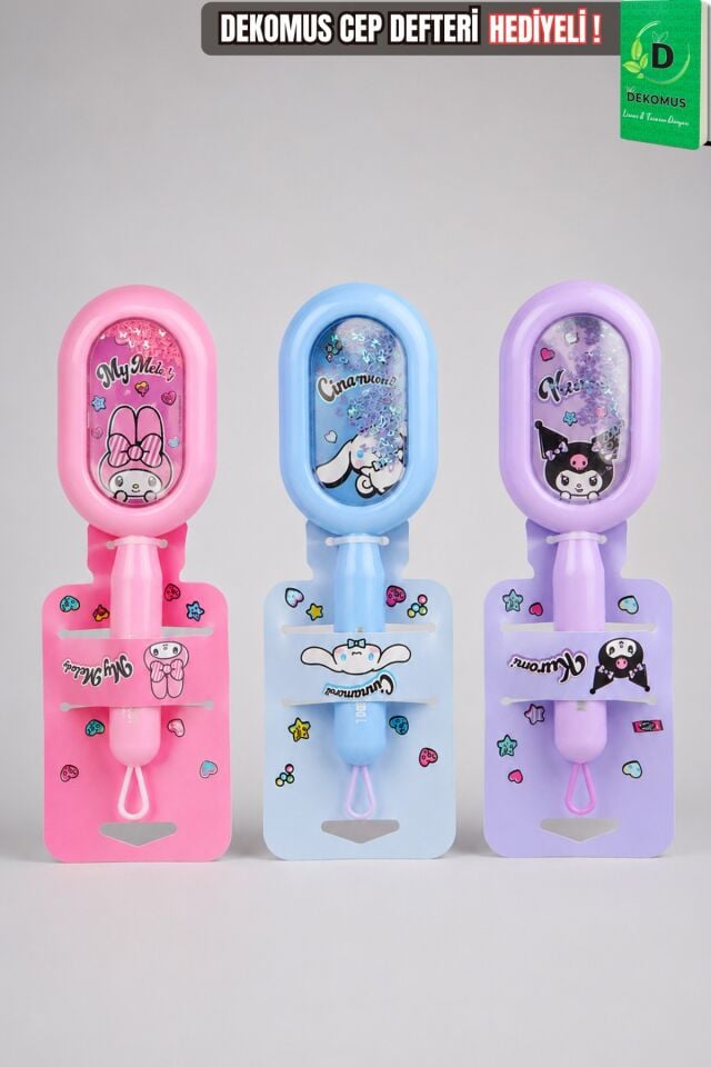 x Dekomus Lisanslı Kuromi&My Melody&Cinnamoroll Simli Pullu Saç Açma Tarama Fırçası