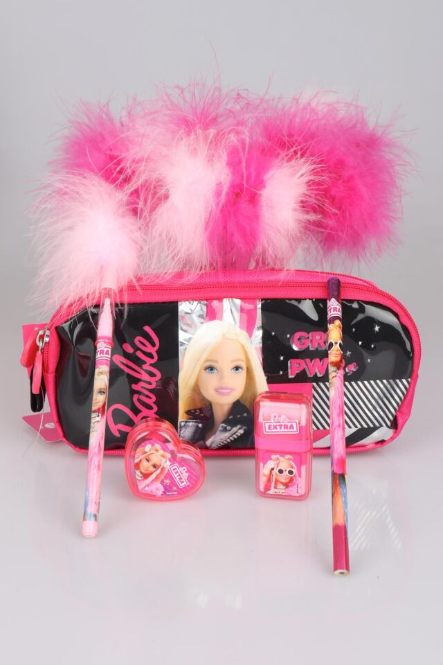 DEKOMUS LİSANSLI BARBIE GIRL POWER KOLEKSİYONU KALEM ÇANTASI,TÜYLÜ GEÇMELİ KALEM,KALPLİ KALEMTRAŞ,SÜPÜRGE SİLGİ VE KURŞUN KALEM SETİ