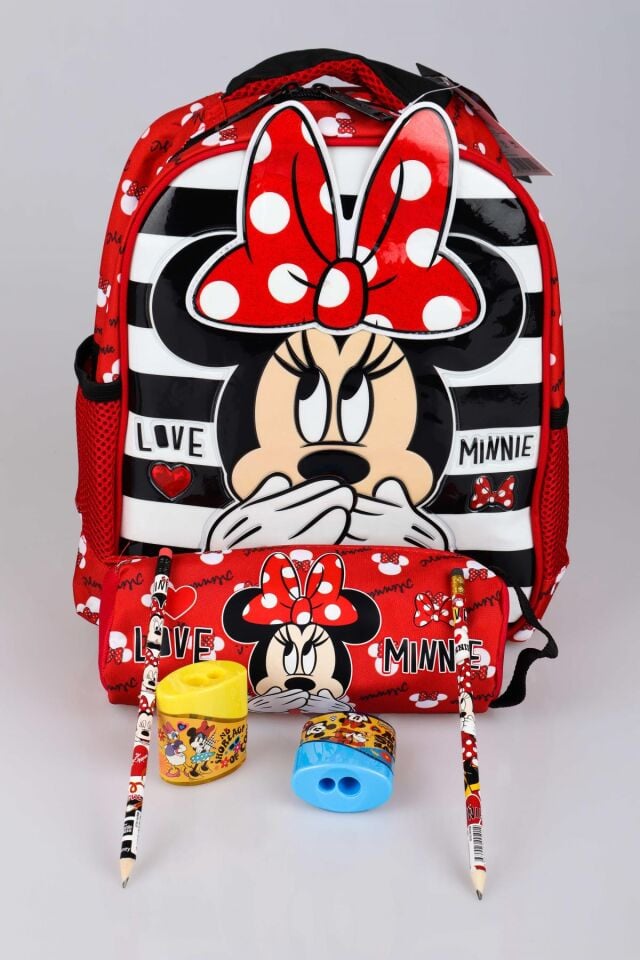 LİSANSLI MINNIE MOUSE ANAOKULU ÇANTASI,KALEM ÇANTASI,2 ADET KURŞUN KALEM VE KALEMTRAŞ OKUL SETİ DUE ICONIC