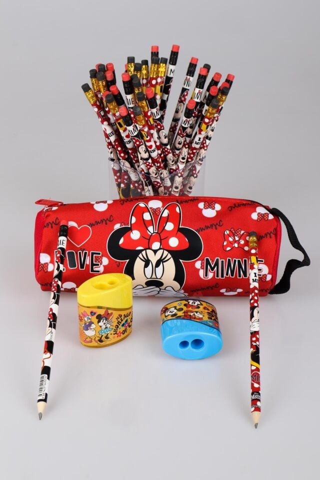 DEKOMUS İLE LİSANSLI MINNIE MOUSE KALEM ÇANTASI VE 2 ADET SİLGİLİ KURŞUN KALEM VE KALEMTRAŞ SETİ