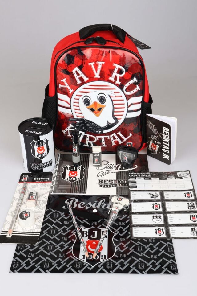 LİSANSLI BEŞİKTAŞ TEK BÖLMELİ KÜÇÜK BOY 32 CM ANAOKUL ÇANTASI İLE 15 PARÇA KIRTASİYE VE OKUL SETİ YAVRU KARTAL