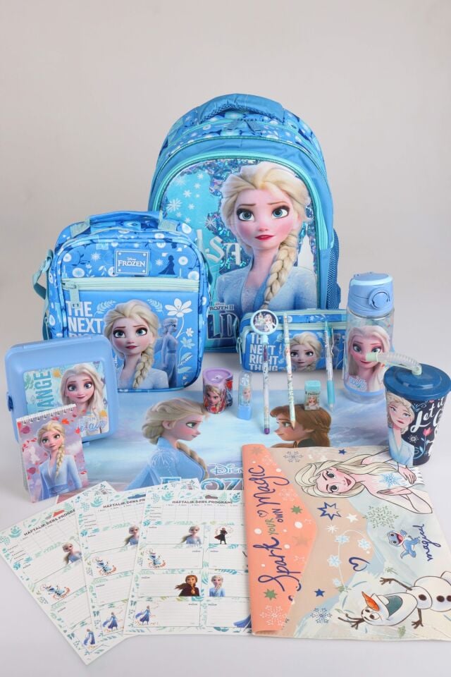 x Dekomus Lisanslı ''Ice Queen Collection'' Elsa Frozen Full Kırtasiye Seti Okul,Kalem ve Beslenme Çantası,Beslenme Kabı,500 Ml Matara Seti