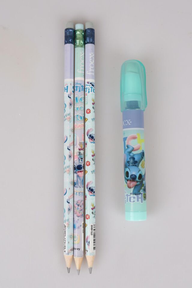 LİSANSLI STITCH 3 ADET SİLGİLİ KURŞUN KALEM VE ROKET SİLGİ KIRTASİYE SETİ