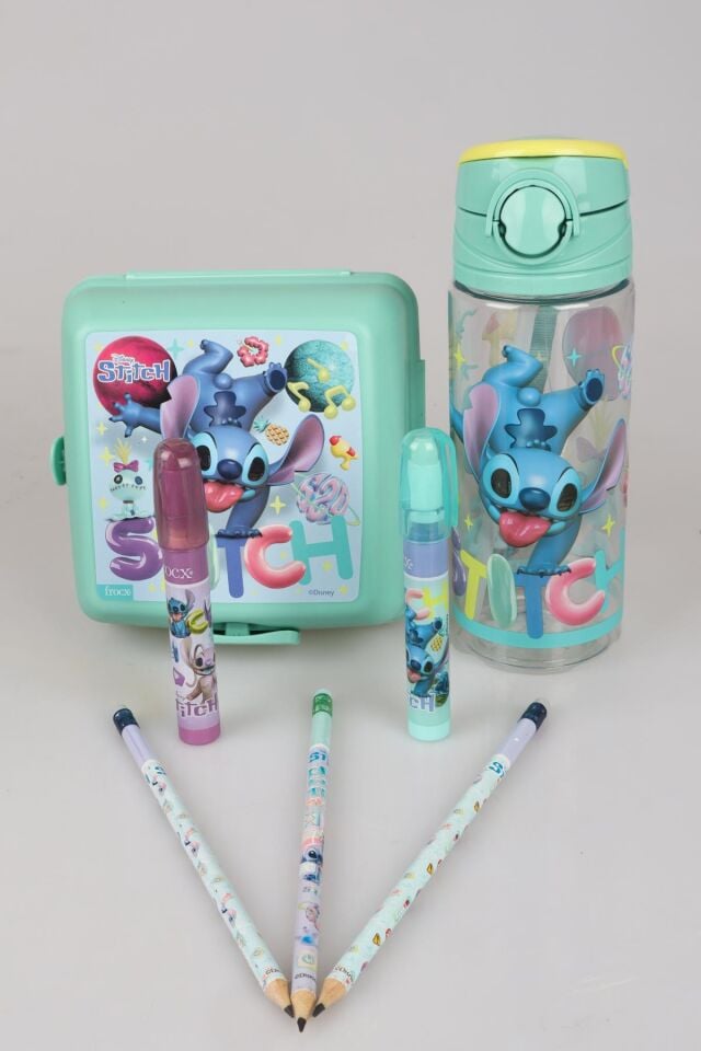 LİSANSLI STITCH 500 ML MATARA,BESLENME KABI,3 ADET SİLGİLİ KURŞUN KALEM VE 2 ADET ROKET SİLGİ KIRTASİYE SETİ