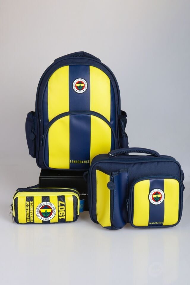 ''DEKOMUS CEP DEFTERİ HEDİYELİ'' YENİ SEZON LİSANSLI FENERBAHÇE ÇUBUKLU OKUL ÇANTASI,3 BÖLMELİ BESLENME ÇANTASI VE KALEM ÇANTASI SETİ