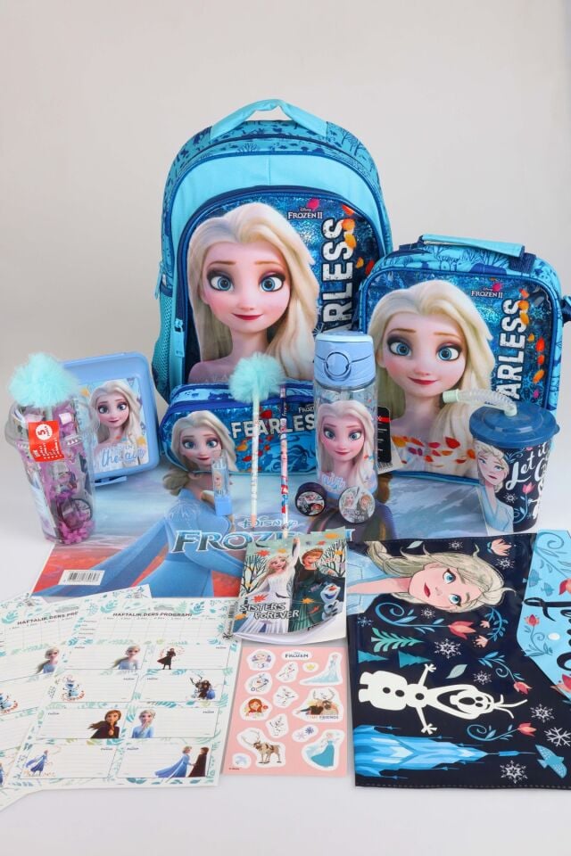 x Dekomus Lisanslı ''Fearless Collection'' Elsa Frozen Okul ve Kırtasiye Seti Okul,Termoslu Beslenme ve Kalem Çantası,Matara,Beslenme Kabı