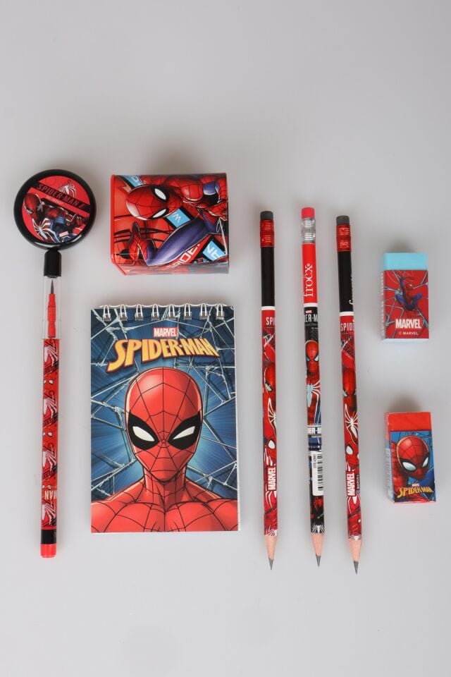 Lisanslı Spiderman 9 Parça Kırtasiye Seti Bloknot,3 adet Kurşun Kalem,2 adet Silgi,Kalemtraş