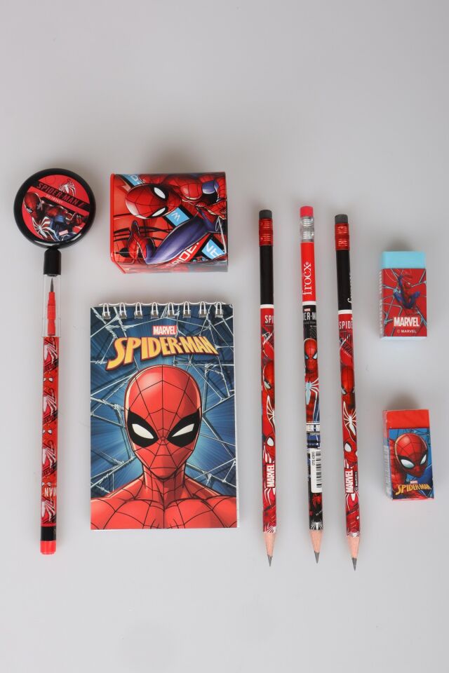 Lisanslı Spiderman 9 Parça Kırtasiye Seti Bloknot,3 adet Kurşun Kalem,2 adet Silgi,Kalemtraş