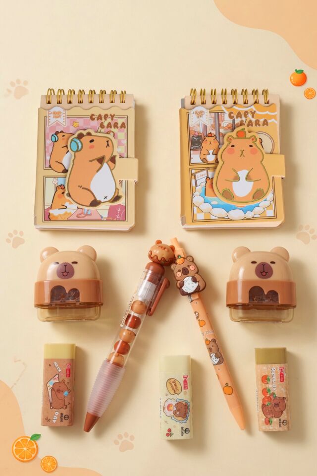 x Dekomus Capybara Kırtasiye Seti A7 Not Defteri, Silgi, Kalemtraş,0.7 Mm Uçlu Kalem