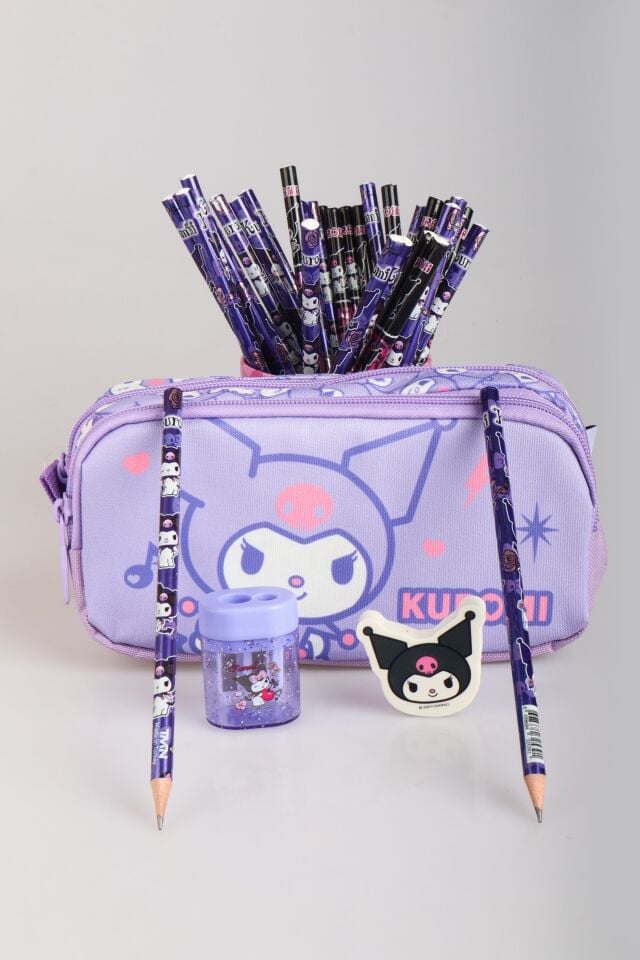 ''DEKOMUS CEP DEFTERİ HEDİYELİ'' LİSANSLI KUROMI ''MAGICAL BUDDY'' KOLEKSİYONU KALEM ÇANTASI,2 ADET KURŞUN KALEM,SİLGİ VE KALEMTRAŞ KIRTASİYE SETİ