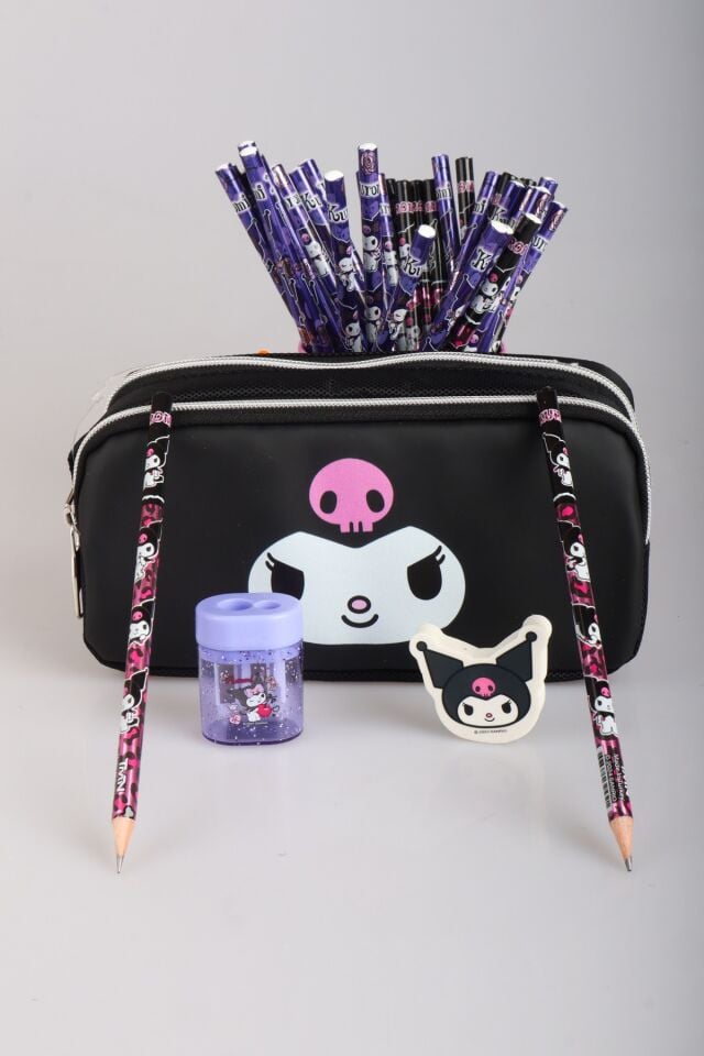 ''DEKOMUS CEP DEFTERİ HEDİYELİ'' LİSANSLI KUROMI ''SHADOW CHIC'' KOLEKSİYONU KALEM ÇANTASI,2 ADET KURŞUN KALEM,SİLGİ VE KALEMTRAŞ KIRTASİYE SETİ