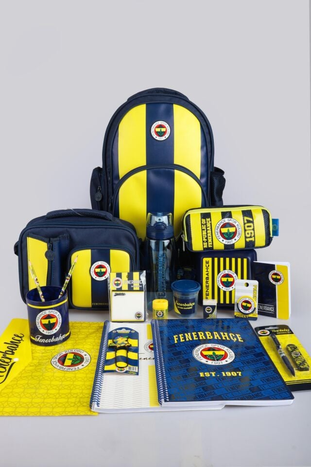DEKOMUS İLE YENİ SEZON LİSANSLI FENERBAHÇE FULL KIRTASİYE OKUL SETİ ÇUBUKLU OKUL,3 BÖLMELİ BESLENME ÇANTASI VE KALEM ÇANTASI İLE 700 ML MATARA,BESLENME KABI
