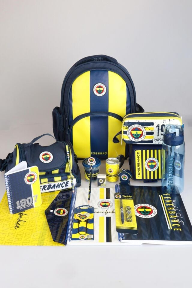 LİSANSLI FENERBAHÇE FULL KIRTASİYE OKUL SETİ ÇUBUKLU OKUL,3 BÖLMELİ BESLENME ÇANTASI VE KALEM ÇANTASI İLE 700 ML MATARA,BESLENME KABI