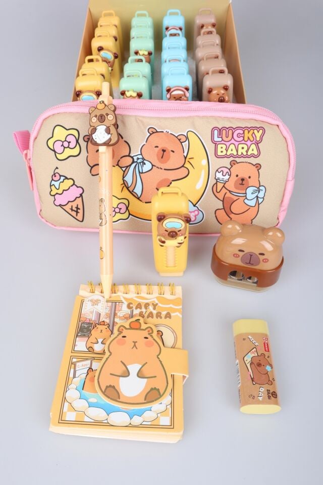 Capybara Kırtasiye Seti Kalem Çantası A7 Not Defteri, Silgi, Kalemtraş,0.7 Mm Uçlu Kalem