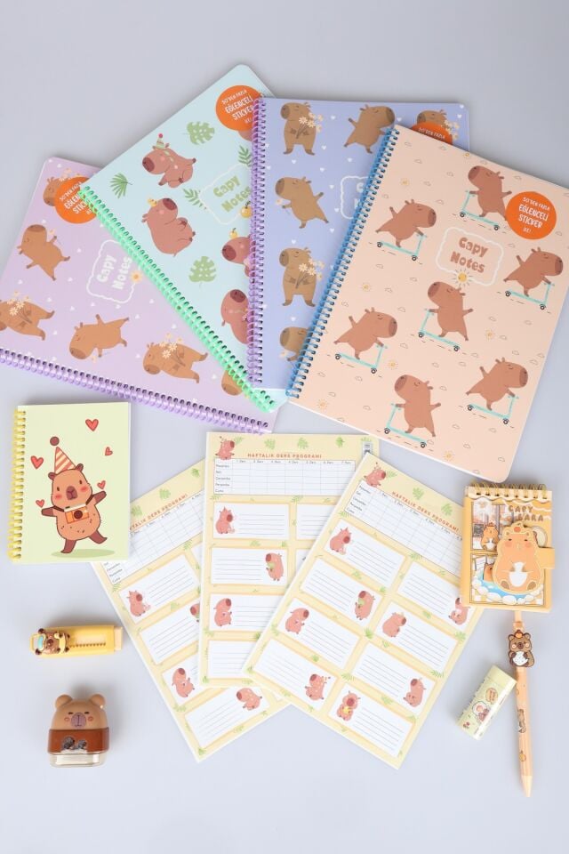Capybara Kırtasiye Seti 4 Adet Stickerlı A4 Defter,Not Defteri, Silgi, Kalemtraş,0.7 Mm Uçlu Kalem