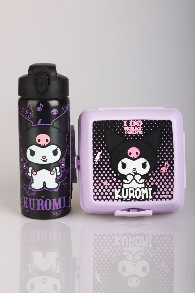 ''DEKOMUS CEP DEFTERİ HEDİYELİ'' LİSANSLI KUROMI ÇELİK MATARA 500 ML VE 2 KATLI BESLENME KABI YEMEK SETİ