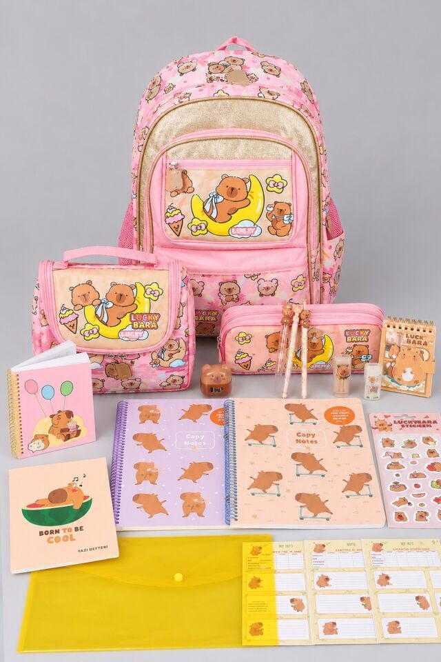 Capybara Full Kırtasiye Seti Okul,Beslenme ve Kalem Çantası,2 Adet A4 Defter,Kalem Çantası A7 Not Defteri, Silgi, Kalemtraş,0.7 Mm Uçlu Kalem