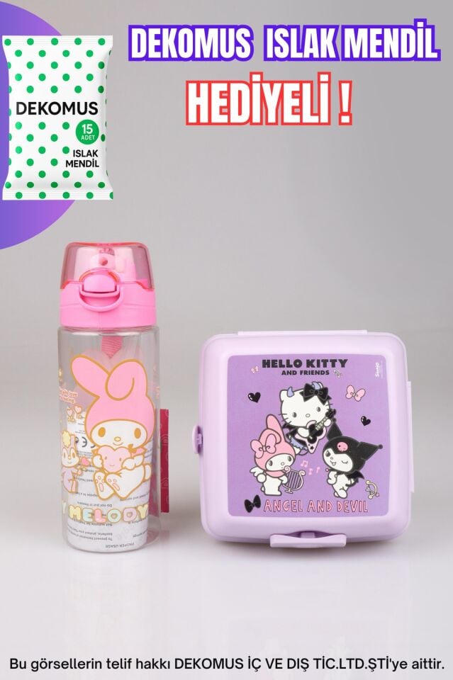 DEKOMUS LİSANSLI MY MELODY&BEST FRIENDS HELLO KITTY,KUROMI 500 ML MATARA VE 2 KATLI BESLENME KUTUSU /LUNCH BOX SETİ ''ISLAK MENDİL HEDİYELİ''