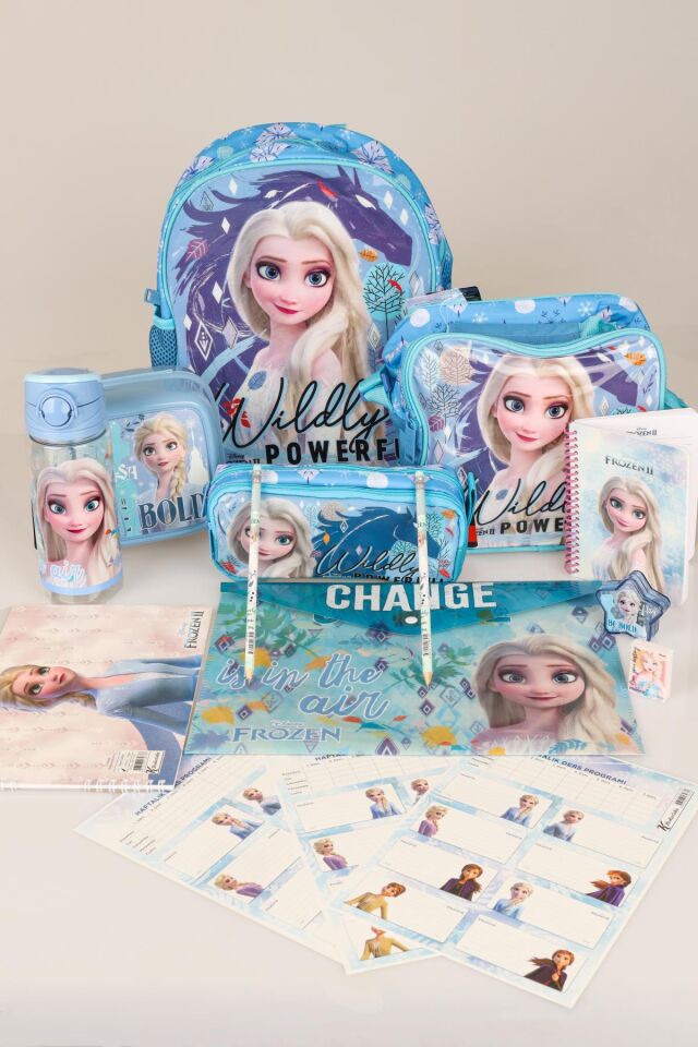 DEKOMUS LİSANSLI ELSA FROZEN TEK BÖLMELİ KÜÇÜK BOY 32 CM ANAOKUL ,BESLENME VE KALEM ÇANTASI,MATARA,BESLENME KABI İLE FULL OKUL/KIRTASİYE SETİ