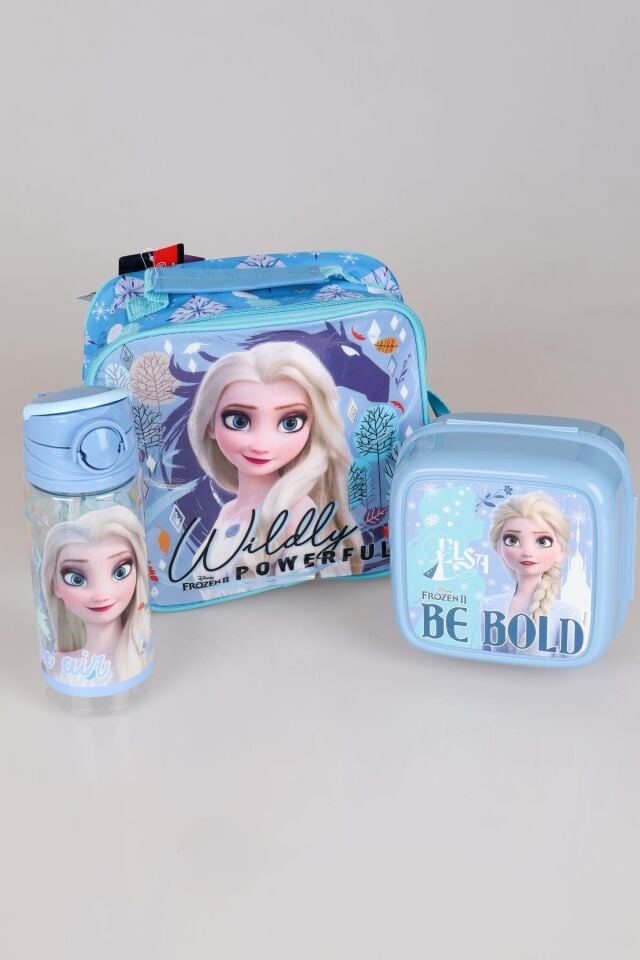 DEKOMUS LİSANSLI ''MAVİ KARLAR ÜLKESİ ELSA FROZEN KOLEKSİYONU ''BESLENME ÇANTASI,BESLENME KABI VE 500 ML TRITAN MATARA OKUL BESLENME SETİ
