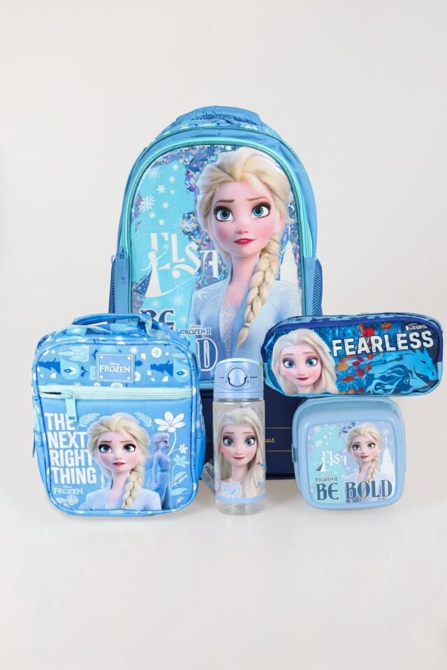 DEKOMUS LİSANSLI ELSA FROZEN OKUL ÇANTASI,KALEM ÇANTASI,BESLENME ÇANTASI,BESLENME KABI VE 500 ML MATARA OKUL SETİ