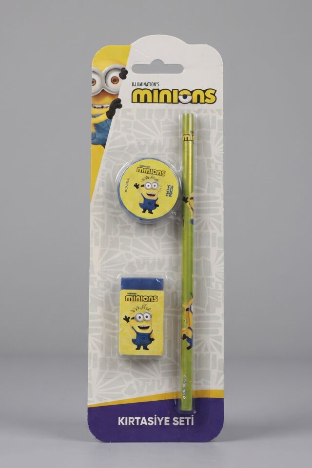 x Dekomus , Lisanslı Minions 3'lü Kırtasiye Seti Kurşun Kalem,Silgi ve Kalemtraş