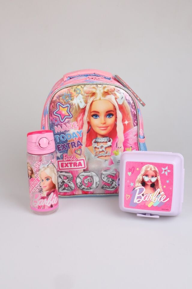 x Dekomus Lisanslı Barbie ''Extra Glam Collection'' Tek Bölmeli Küçük Boy 35 Cm Anaokul Çantası, Beslenme Kabı Ve Tritan Matara Seti
