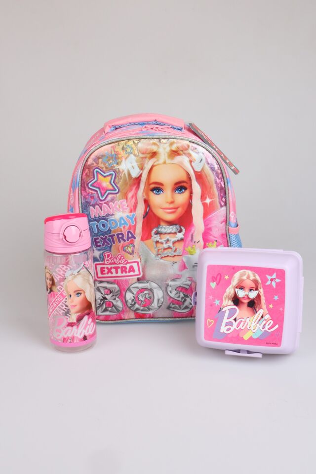 x Dekomus Lisanslı Barbie ''Extra Glam Collection'' Tek Bölmeli Küçük Boy 35 Cm Anaokul Çantası, Beslenme Kabı Ve Tritan Matara Seti