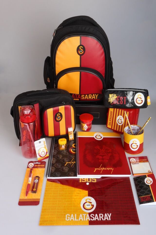 YENİ SEZON LİSANSLI GALATASARAY ÇUBUKLU FULL KIRTASİYE OKUL SETİ 3 BÖLMELİ OKUL,KALEM VE BESLENME ÇANTASI,700 ML MATARA,BESLENME KABI SETİ